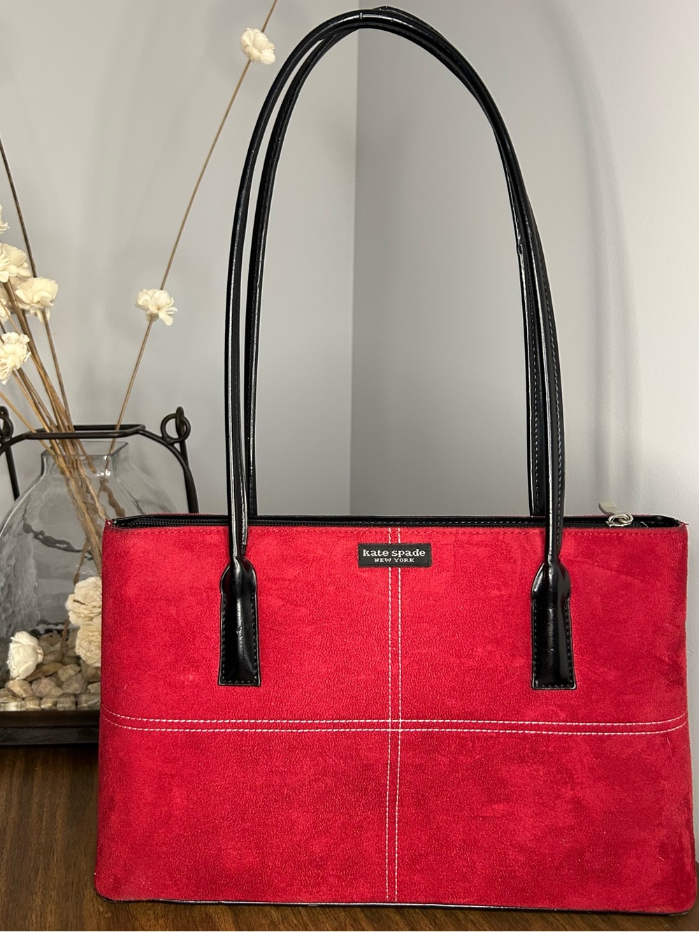 Kate Spade New York Vintage Red/Burgundy Suede Contrast Stitch Shoulder Tote Bag